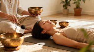 Download Sound healing practitioner striking brass singing bowl beside relaxed woman lying on yoga mat indoors_ for free
